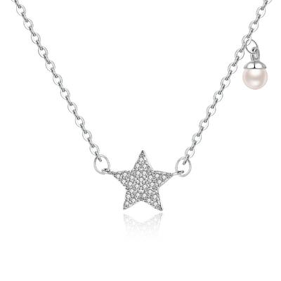 Full Diamond Five Point Star Pearl Necklace Cute Star Collar Chain Light Luxury Small Sense Neckchain Female