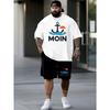 European Size Moin  Men'S Plus Size Casual Short Sleeve T-Shirt - Vibrant Orange with Anchor & "MOIN" Print, Loose Fit, Breathable Summer