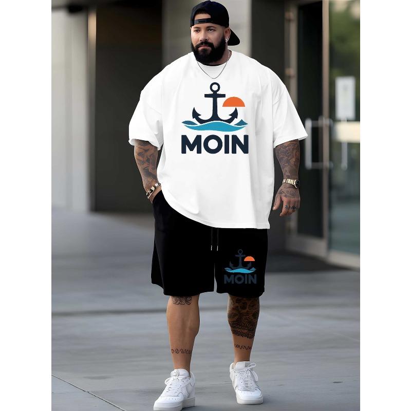 European Size Moin Men'S Plus Size Casual Short Sleeve T-Shirt - Vibrant Orange with Anchor & "MOIN" Print, Loose Fit, Breathable Summer