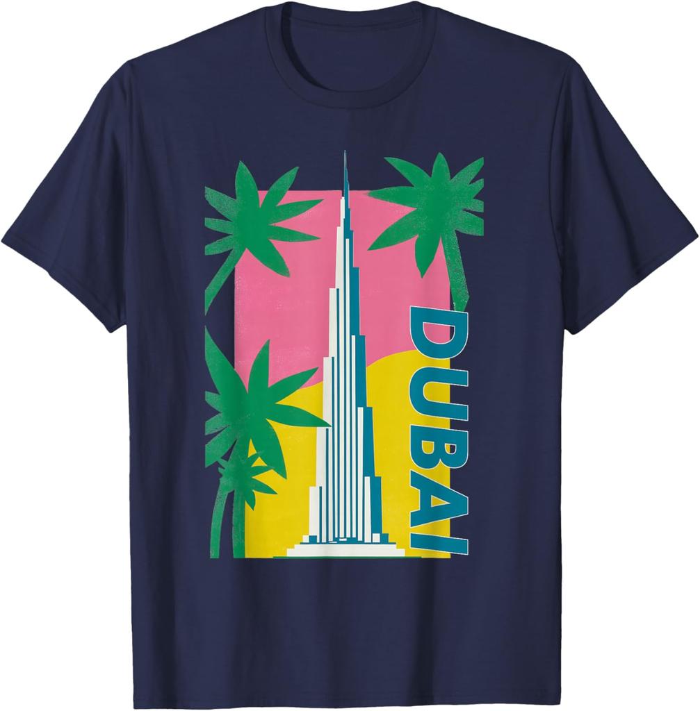 Dubai Burj Khalifa Palm Tree Retro Graphic Tee Men Casual Cotton TShirt