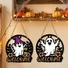 Hollow Out Welcome Wooden Wall Sign Round Halloween Front Door Decor Holiday Party