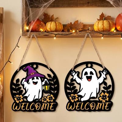Round Halloween Ghost Door Hanger Cartoon Ghost Hanging Plaque  Home Porch Decor