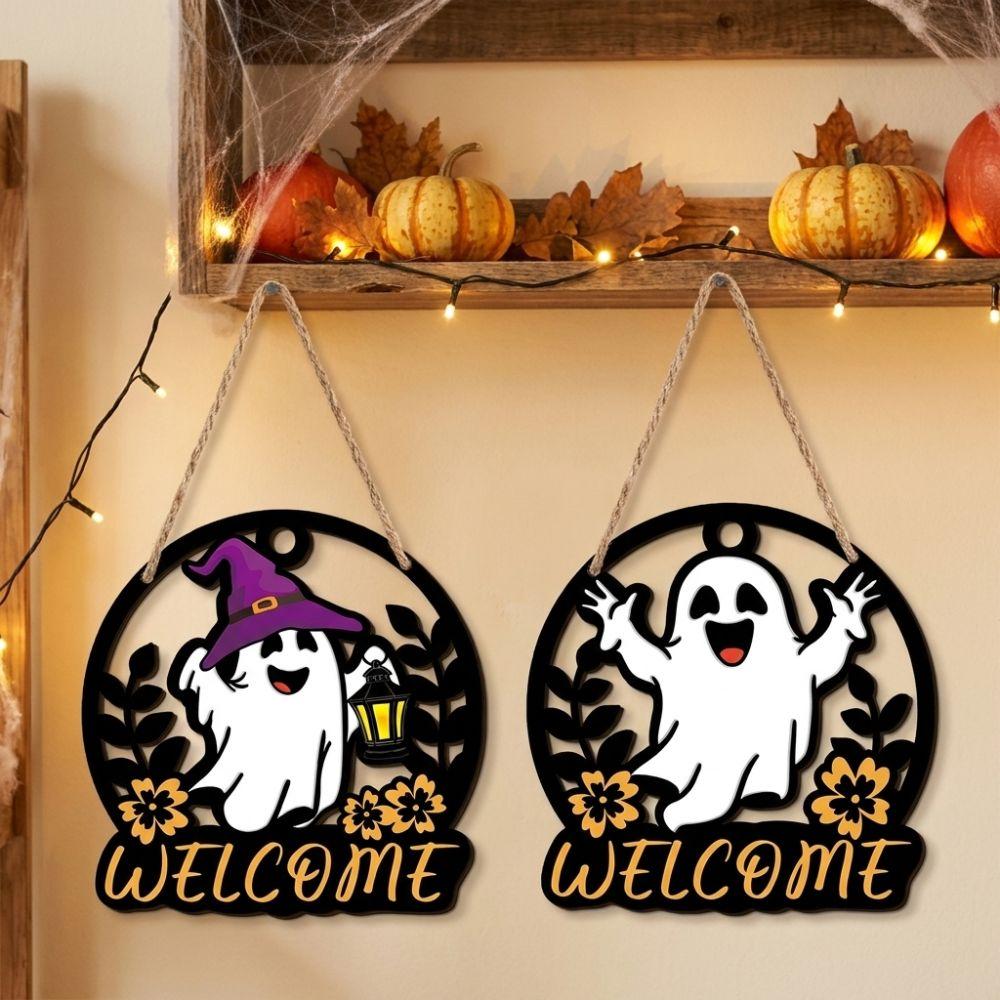 Hollow Out Welcome Wooden Wall Sign Round Halloween Front Door Decor Holiday Party