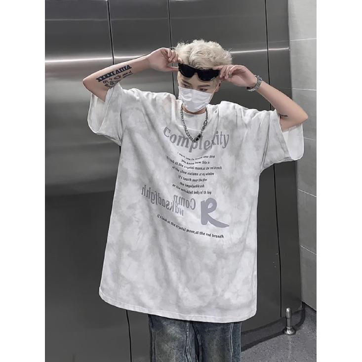 Summer American Retro Print Short Sleeve T Men's Trendy Workwear Round Neck Washed Loose Fit Shirt