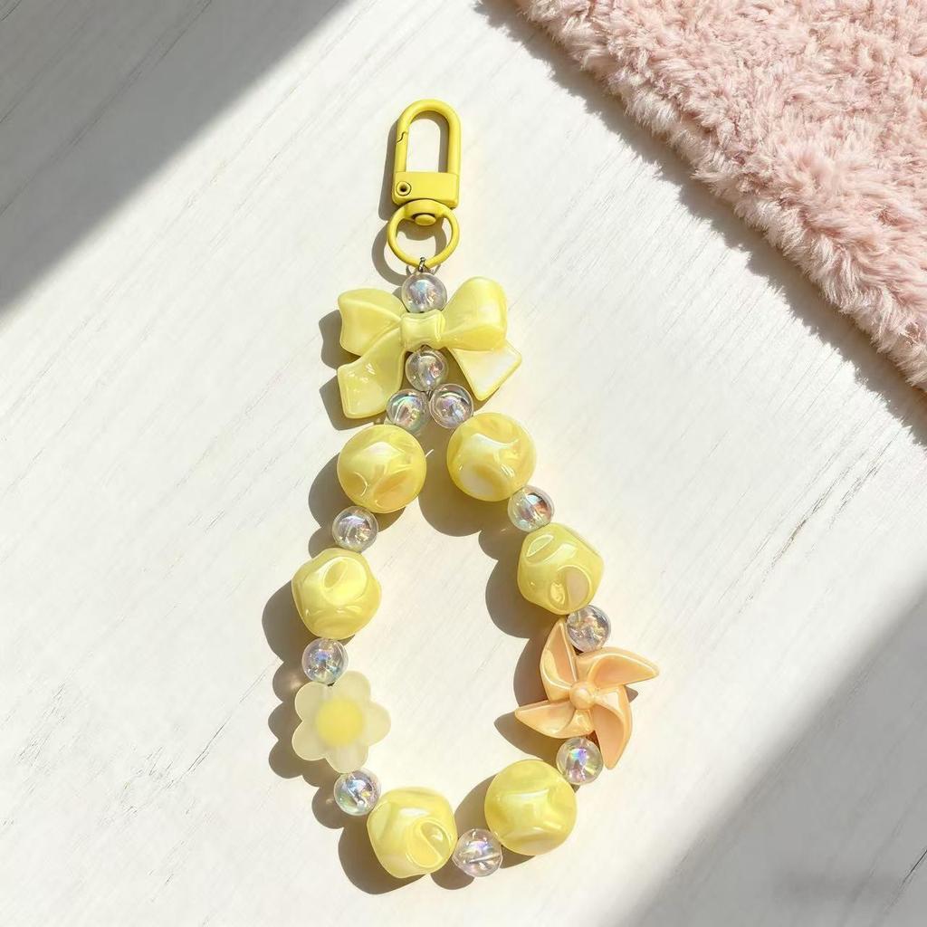 Dopamin Girly Blume Schleife Perlen Handykette & Lippenstift Halter Schlüsselanhänger
