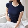 Women's Combed Cotton T Shirt Short Sleeve Colour Block Round Neck Slim Fit Bottoming Tops