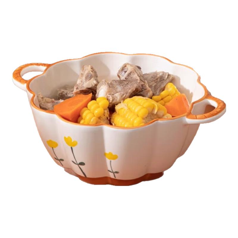 Peiersen Mountain Chrysanthemum 9.5-inch Double Handle Ceramic Soup Bowl with Spoon