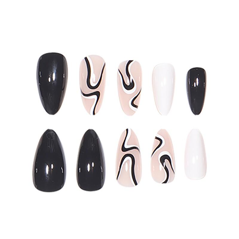 Reusable Press-On Nails With Black Line Design Almond Shape Minimalist Style Gel Glue Or Jelly Adhesive