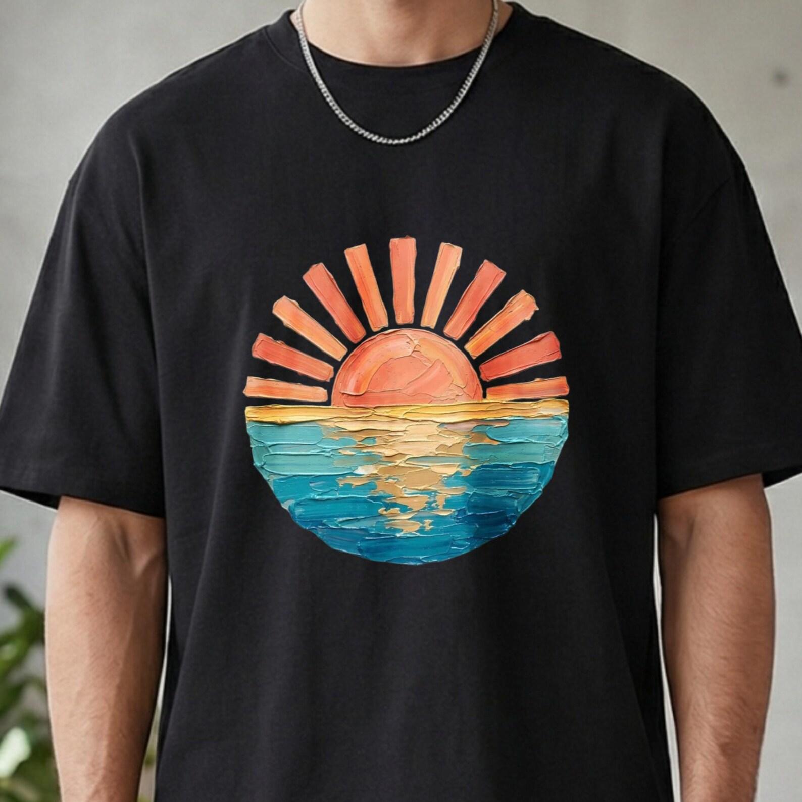 Sunset and Ocean Tee, Retro Abstract Beach Graphic Shirt, Artistic Watercolor Sun Wave Design, Summer Coastal Vibes, Cute Travel Tee S