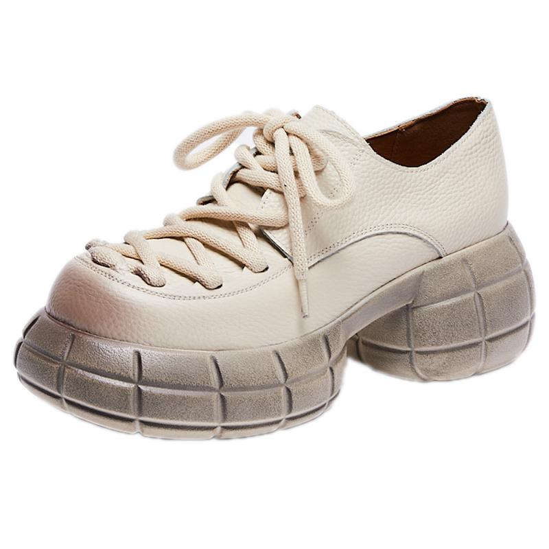 Fashion GKTINOO Genuine Leather 2025 Spring New Round Toe Thick Sole Lace Up Loafers Casual Versatile Women's Flat Platform Shoes