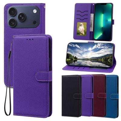 PU Leather Flip Wallet Phone Case for iPhone 17 ProMax,17 Pro Litchi Texture Card Holder Kickstand Wrist Strap Protective Cover