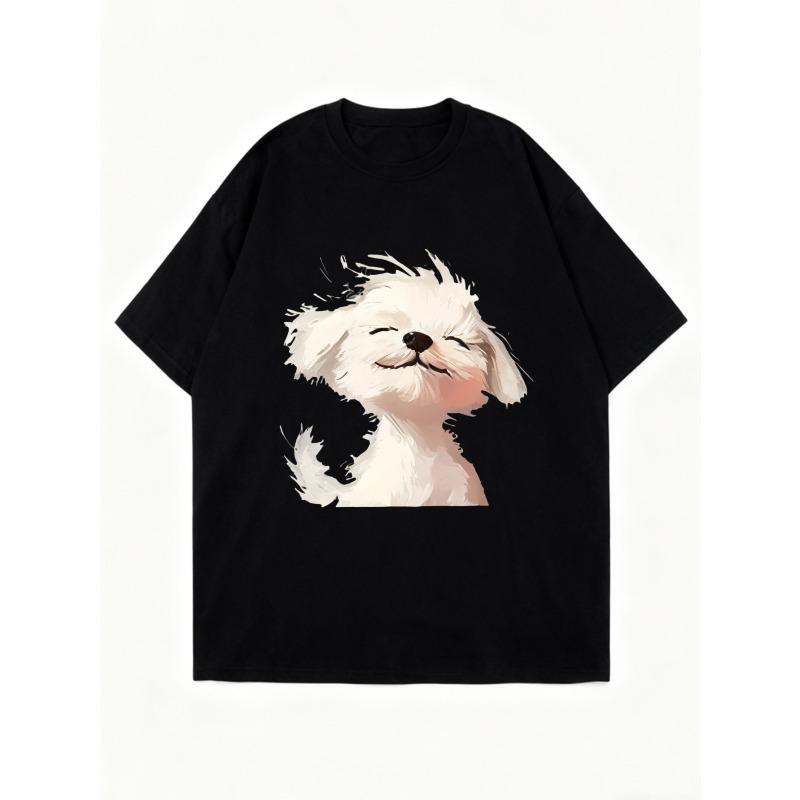 Oversized T Shirt Black Cute White Dog Print Casual Everyday Wear