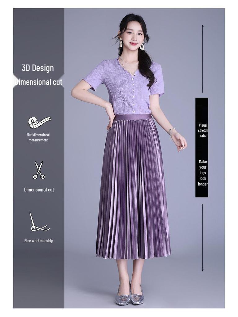 Solid Color High-Waisted Pleated Lurex Mesh Midi Skirt