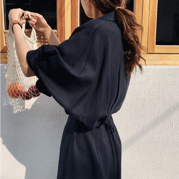 2026 Spring/Summer French Retro Over-the-Knee Lace-up Dress with Batwing Three-Quarter Sleeves
