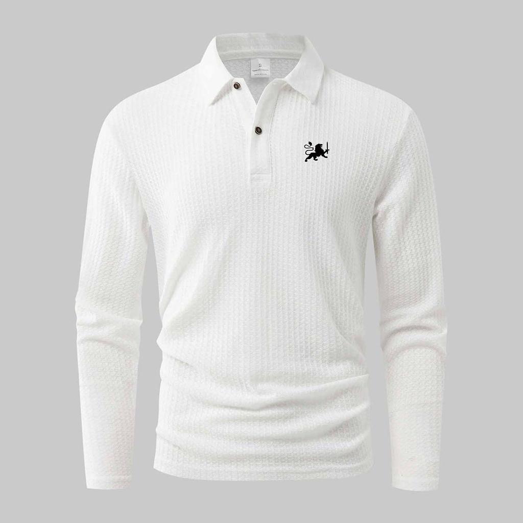 Polo Shirts for Men Lion Sword Print Ribbed Long Sleeve