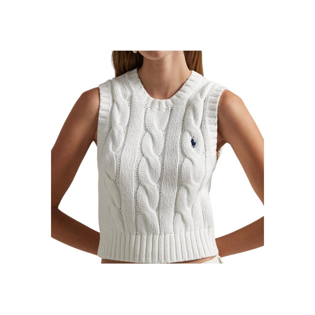 Polo Ralph Lauren Embroidered Pony Crew Neck Cable Knit Sleeveless Top Women Tops White WMPOSWENC021163-100