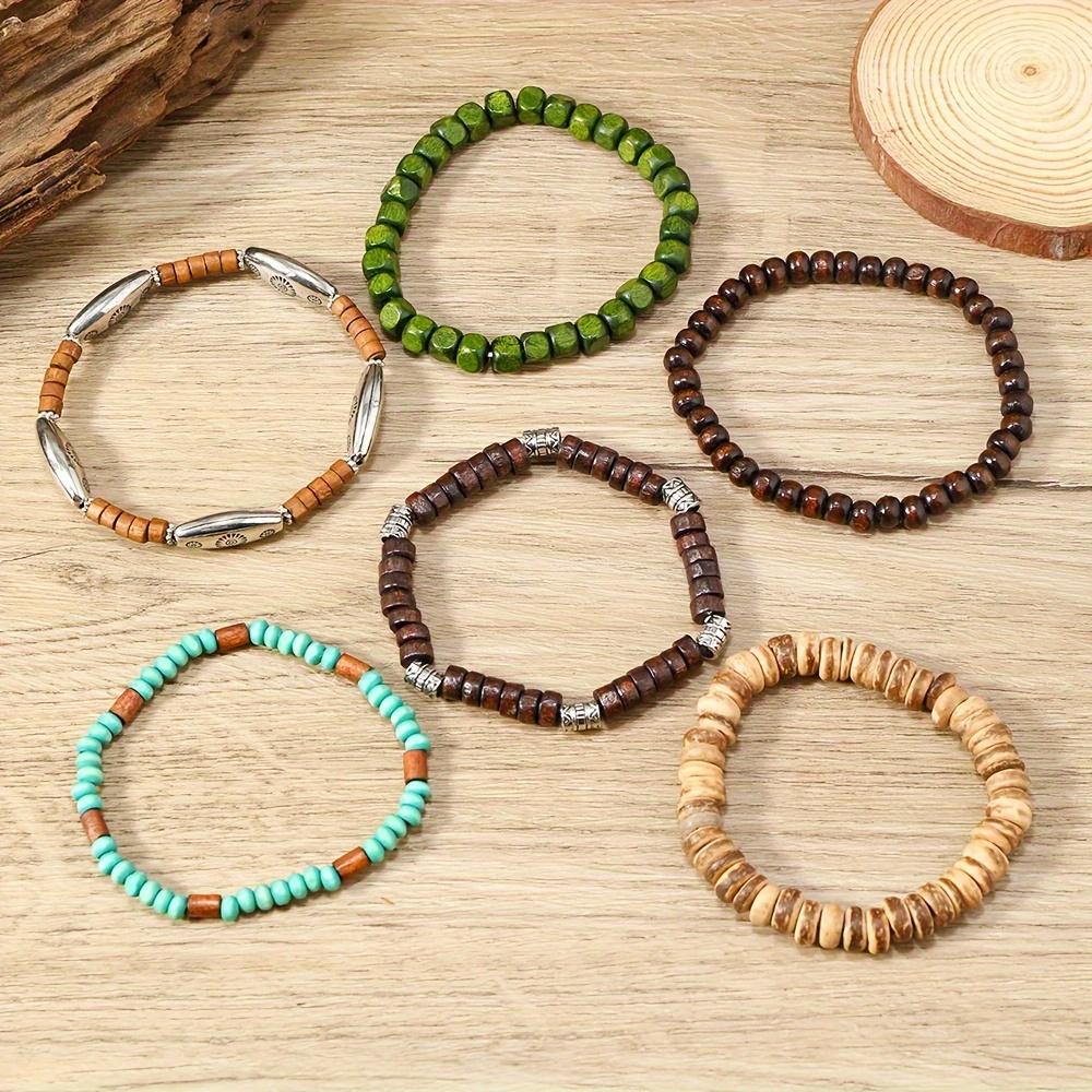 6pcs Minimalist Boho Coconut Wood Bead Bracelets, Elastic Stretch Cord - Men's Casual Gift