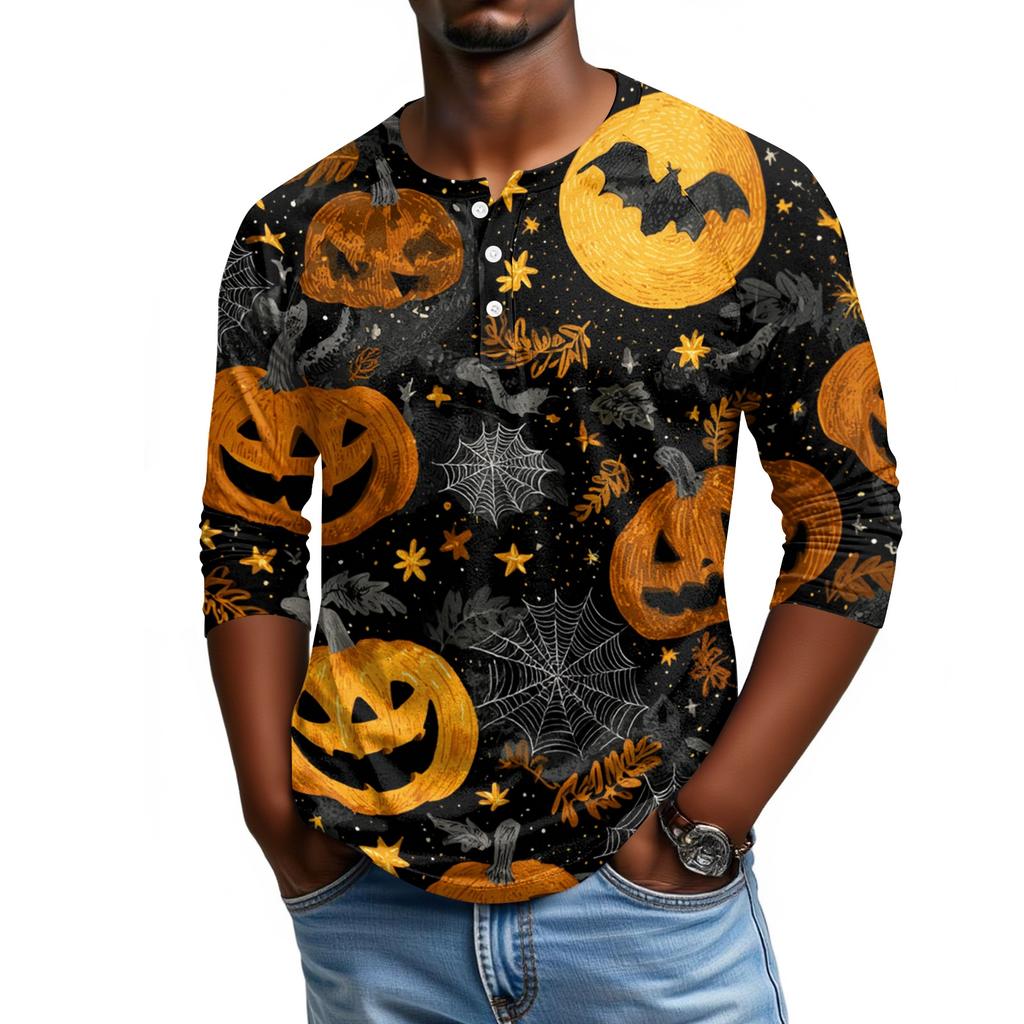 Men Casual Halloween Print Henley Shirt Raglan Three Quarter Sleeve Pullover Top Lightweight Comfortable Fit