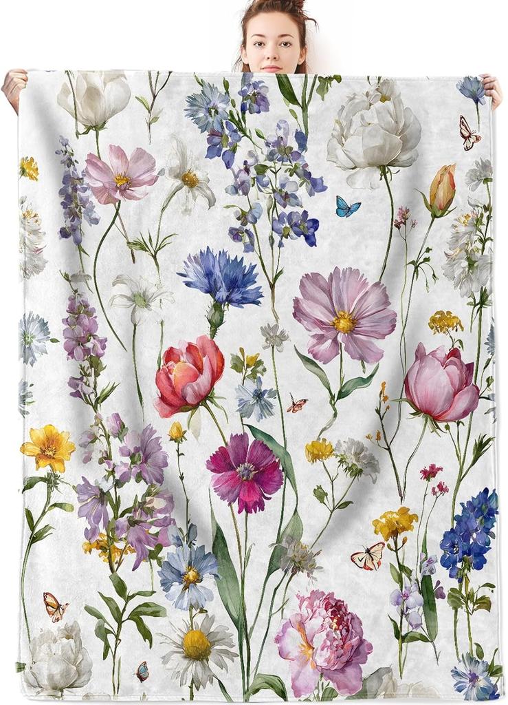 GUOYU Blanket Cherry Blossom Flannel Blanket Gifts for Floral LoverJapanese Watercolor Flower Branch Throw Blankets with Beige Backgroundfor