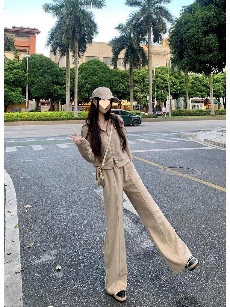 Women's Two-Piece Hooded Zip-Up Sweatshirt & Wide-Leg Pants Set - Casual, Loose Fit for Spring & Autumn, Trendy Korean Style