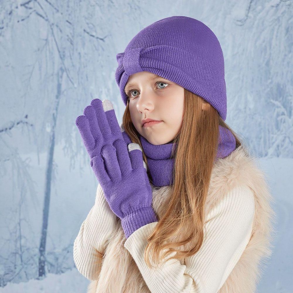 3Pcs/Set Solid Color Children Hat Scarfs Gloves Set Windproof Winter Kids Beanie Gift Set