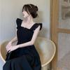 2023 Summer French-Style Pleated Waist Midi Dress with Flutter Sleeves and Square Neck