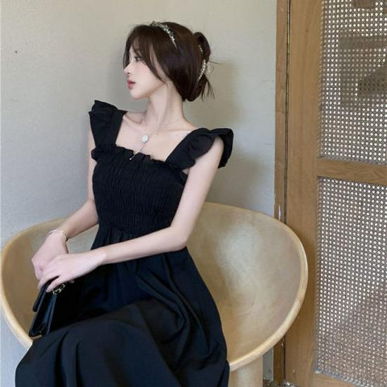 

Летнее платье миди 2023 года во французском стиле с плиссировкой на талии, рукавами-крылышками и квадратным вырезом XL чёрный