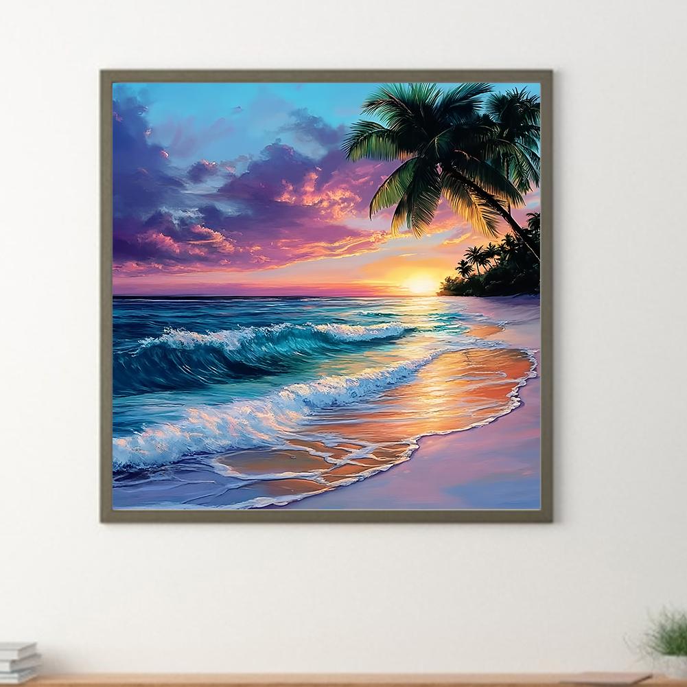 30x30cm Beach 5D DIY Full Drill Round Diamond Painting Kit for Home Wall Decor