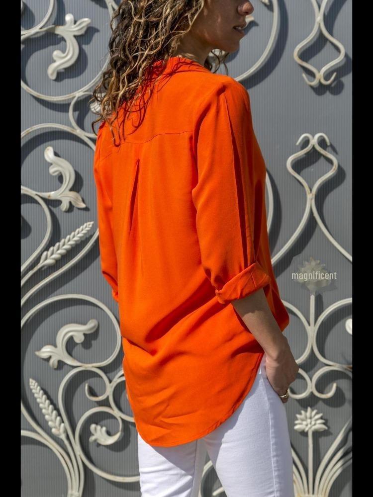 Autumn Winter Fashion Womens Chiffon Shirt Long Sleeves Deep V Neck