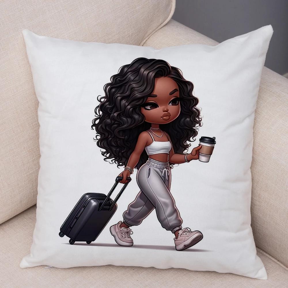 Fashion Cartoon African Girl Pillow Case Soft Plush Cushion Cover for Sofa Home Decor Cute Black Women Throw Pillowcase