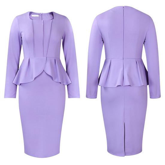 Long Sleeve Elegent Lady Formal Bodycon Dress Decor O-Neck Knee-Length Women Ruffles Patchwork Workwear