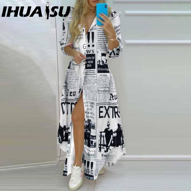 

IHUASU Весна Осень Женское Темпераментное Платье-Рубашка с Принтом Однобортное Открытое Платье-Рубашка Повседневное Длинное Платье XXXXXL