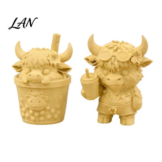 Miniature Display Cabinet Decor 2Pcs Cute Highland Cow Figurine, 3D Printed Bubble Tea Statues, Cartoon Animal Sculpture Summer Farmhouse Style