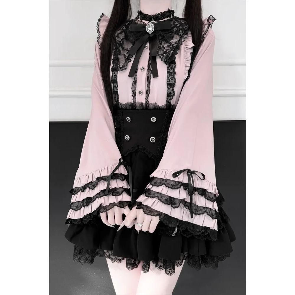 Cute Lace Bow Lolita Shirts Women Japanese Y2K Puff Long Sleeve Slim Fit Blouse Subcultural Matching Clothing
