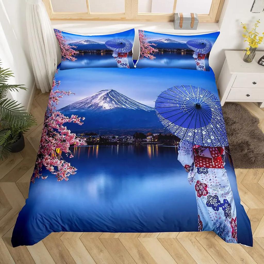 Japanese Fuji Mountain Duvet Cover Set Crane Bedding Set Watercolor Nature Tree Branches Comforter Cover Traditional Quilt Cover