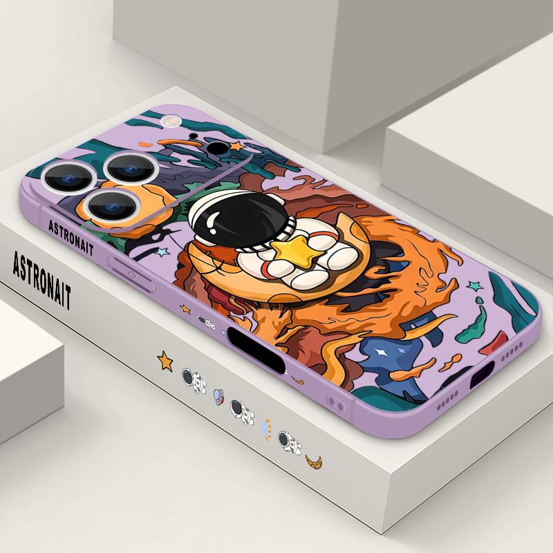 Cartoon Astronaut Pattern Lanyard Case For iPhone 17 Pro Max Funda iPhone 16 15 14 13 Pro Max 11 16E 17E Soft Silicone Cover