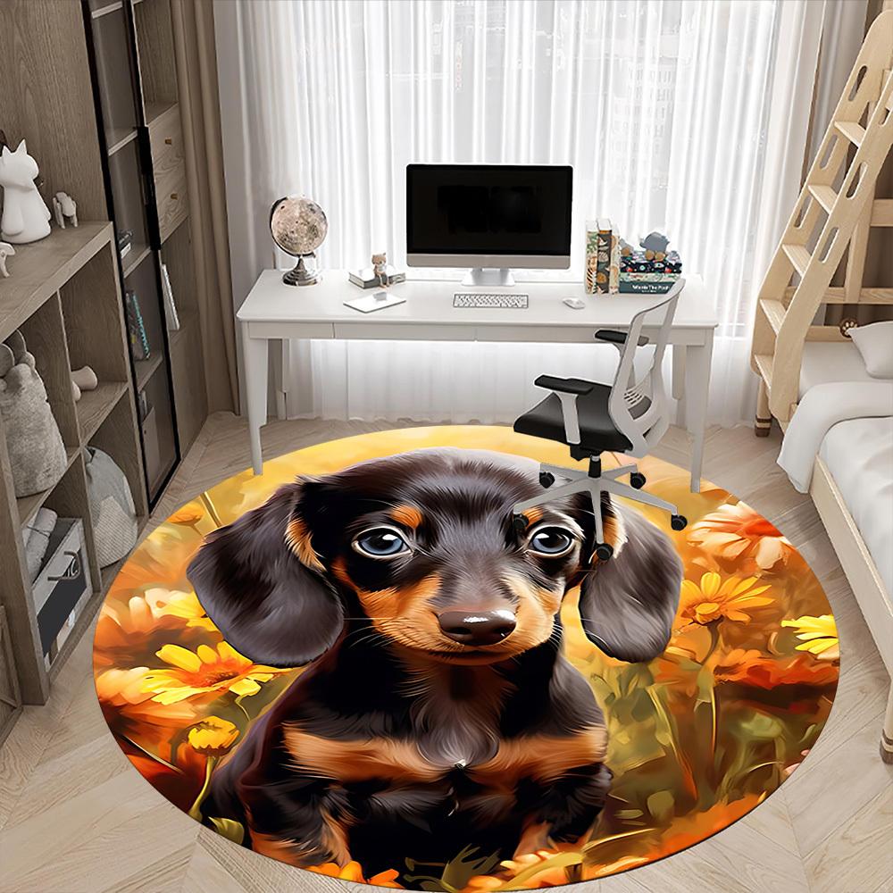 1PC Dachshund Flowers Office Round Area Rug, Mat Suitable For Office, Under Office Chairs Bedroom Living Room Home Decor, Room Deco