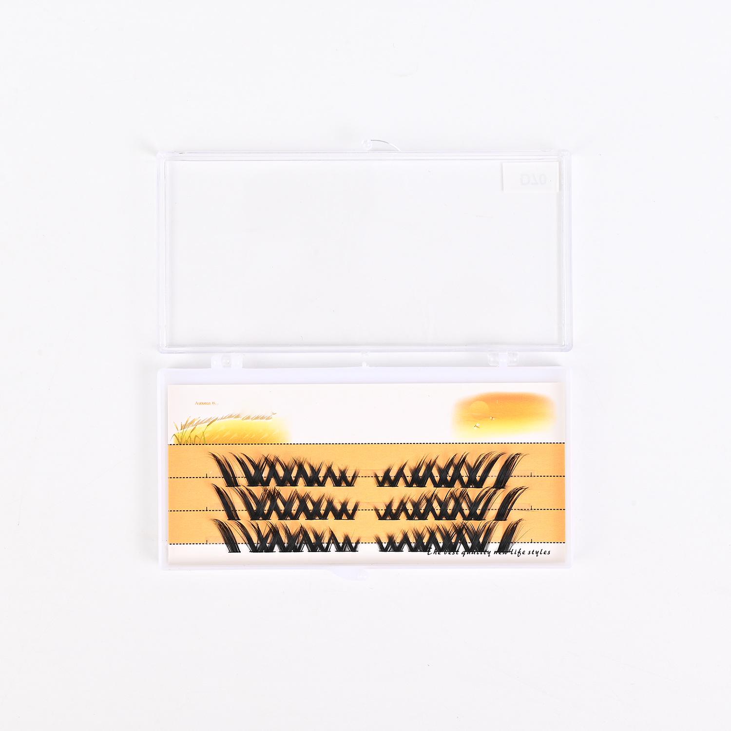 

Glue-Free D70 Natural Thick False Eyelashes, Fine Curled Segmented with Transparent Strip and Black Stem.
