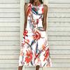 Plus Size Ladies Sleeveless Crew Neck Dress Exotic Palm Floral Printed Flowy Calf Length Outfit