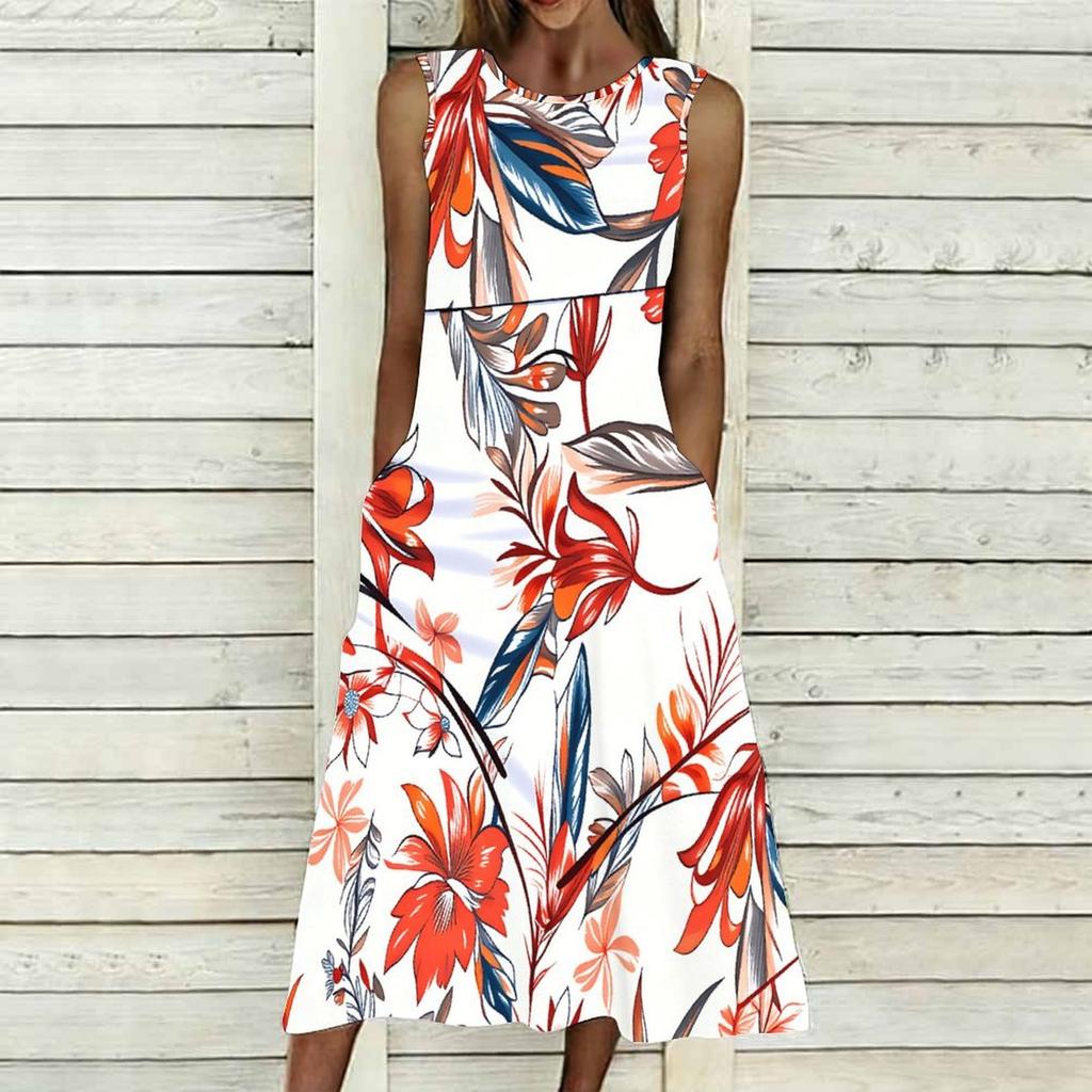 Plus Size Ladies Sleeveless Crew Neck Dress Exotic Palm Floral Printed Flowy Calf Length Outfit