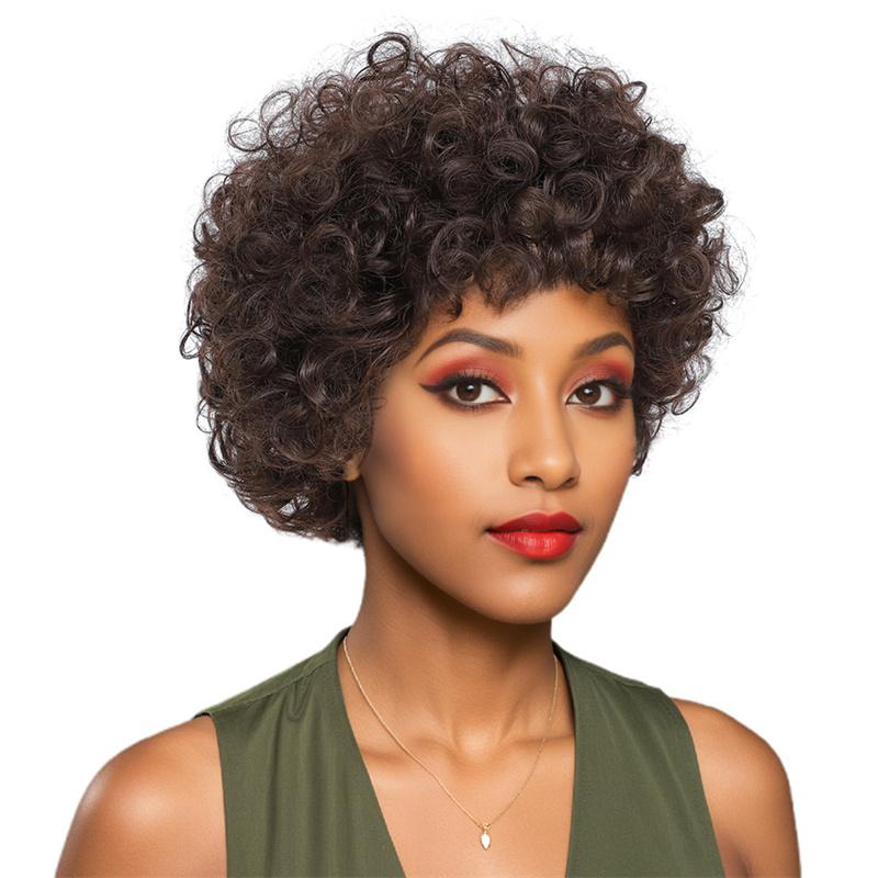 Synthetic Short Curly Brown Wigs for Women Fluffy Wigs with Bangs Daily Party Cosplay Costume Heat Resistant Female
