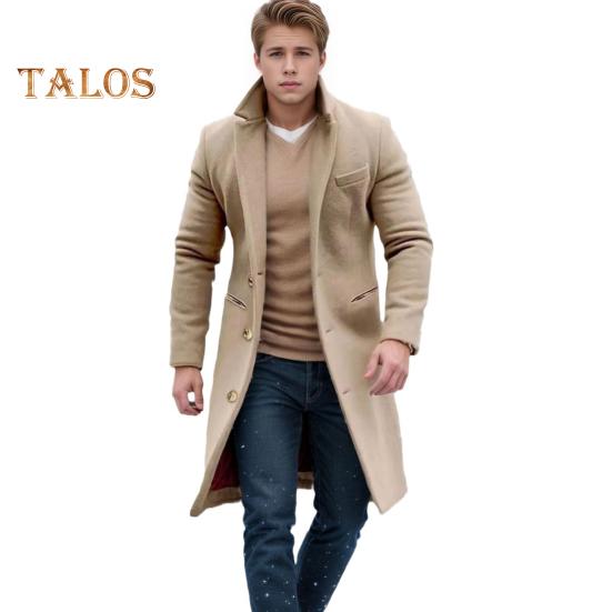 

Мужское шерстяное пальто с лацканами, длинный рукав, однобортная куртка, пальто с карманами, однотонная верхняя одежда средней длины M хаки