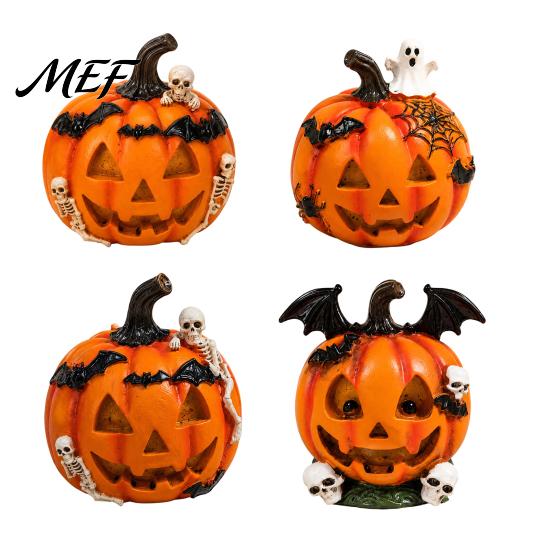 Detailed Resin Sculptures Halloween Pumpkin Ghost Bat Skull Figurine, Cute Retro Dark Home Accents Tabletop Ornaments for Party Shelf Mantels