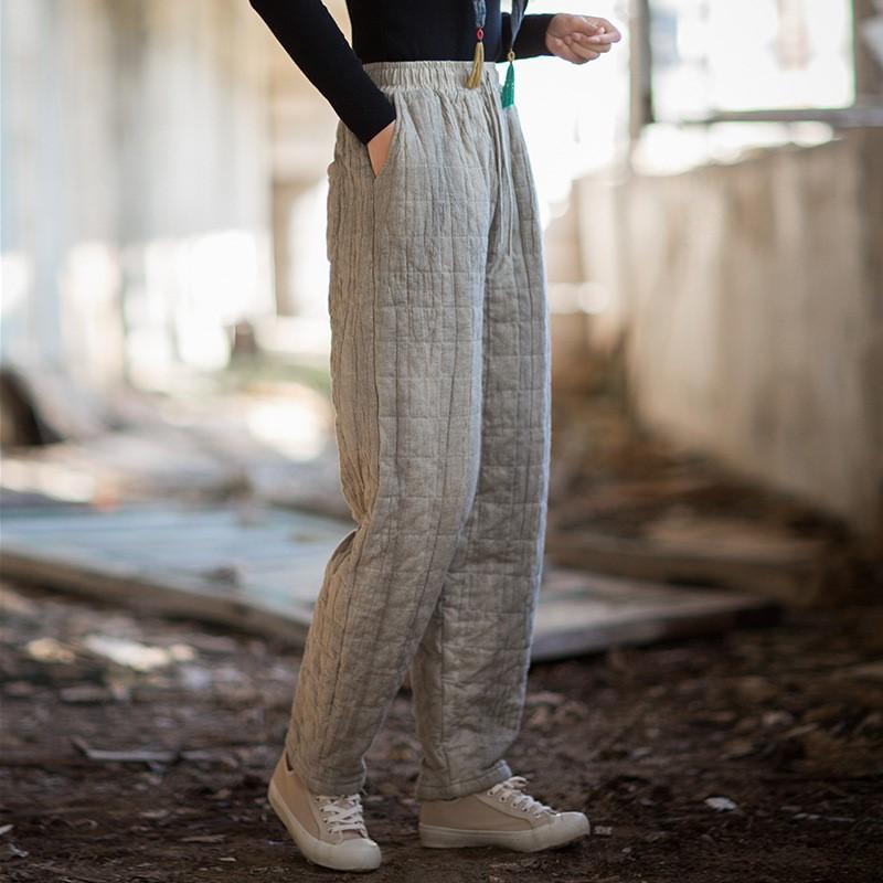 Johnature Women Vintage Winter Pants Elastic Waist Warm Tie-dye Trousers Winter Pockets Belt Casual Pants