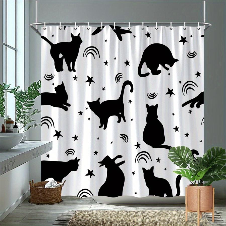 1Pc Black Shower Curtain With Cat Silhouette And Starry Sky Pattern, Made Of Polyester Fabric, Suitable For Bathroom Dcor.