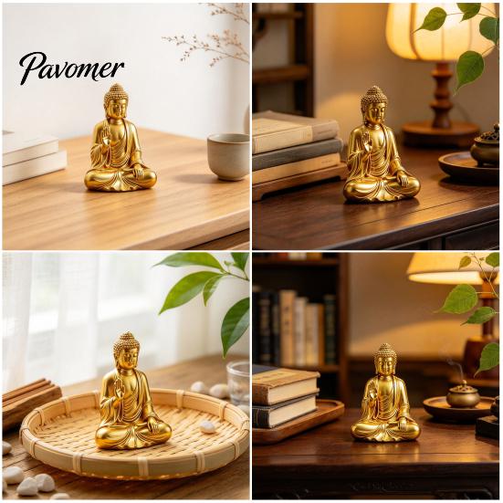 Vredige Boeddhabeeld voor Studie 3D Geprint Gouden Beeld, Zittende Shakyamuni Figuur, Beeld Handgemaakt met Serene Uitdrukking Meditatie, Huis