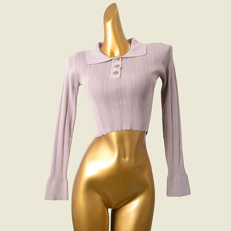 

Spring New Arrival Polo Collar Silm Short Knitwear Long Sleeves Silm Versatile Hip Skirt Midi Dress Two-piece Set Long sleeves M