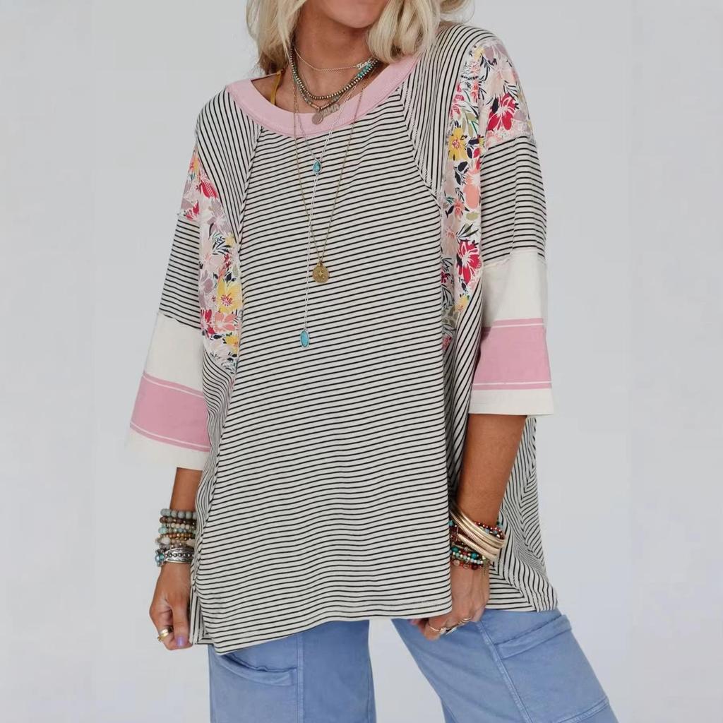 Fall New Style Women's Multi-color Printed Top - Casual and Loose Fit, Three-quarter Length Sleeves T-shirt