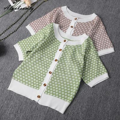 Korea Mood Suvi Naiste Kudum Topp Lühike O-kaelus Roheline Pruun Jacquard Kootud T-särk Lühikeste Varrukatega Põhiline Kõik-sobilik T-särk