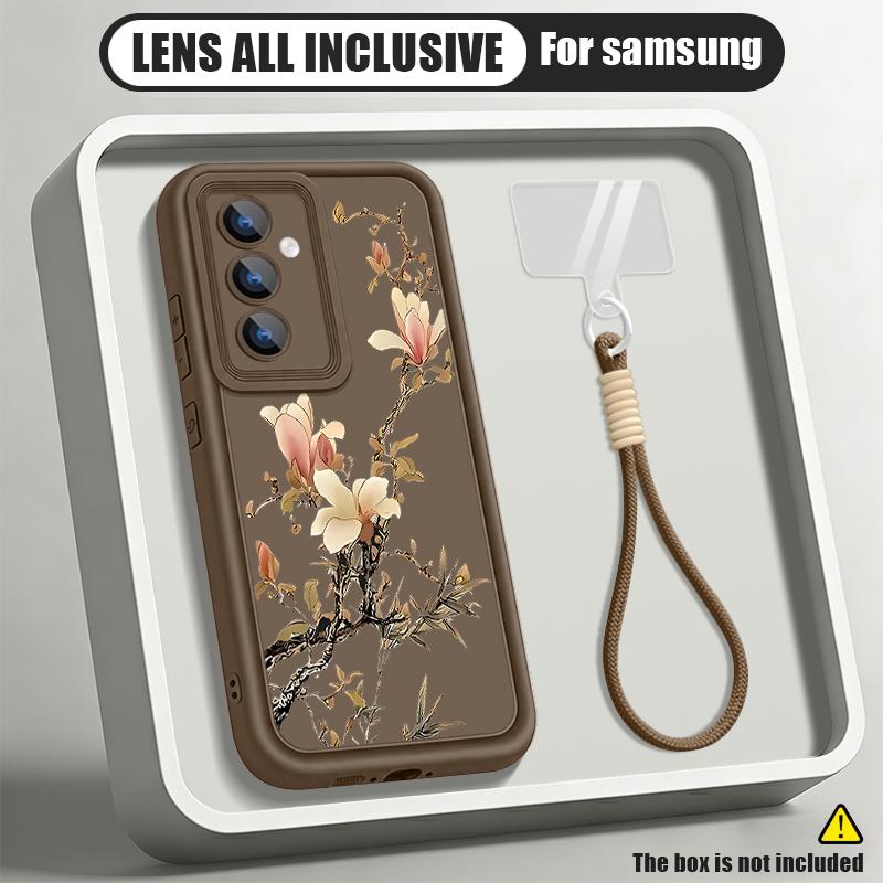 Luxury Flowers Print Lanyard Case For Samsung S26 FE A18 S25 S24 S23 S22 Ultra A54 A55 A16 A26 A36 A56 A17 A27 A37 A57 5G Bumper Cover